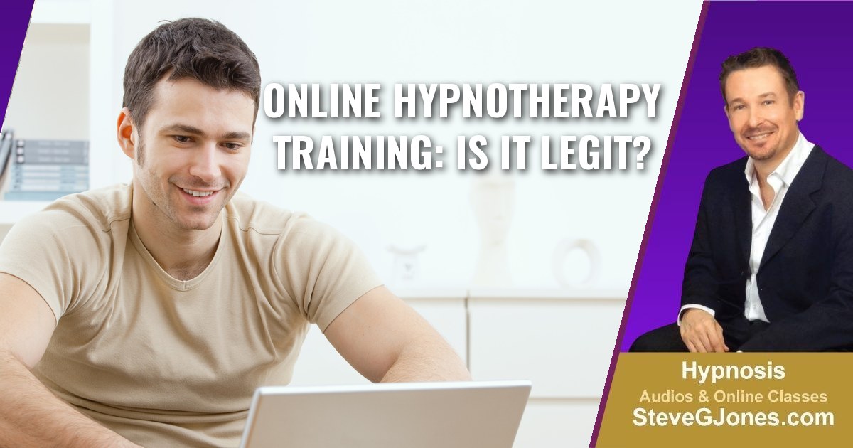 A man taking an online hypnotherapy training course on his laptop at home