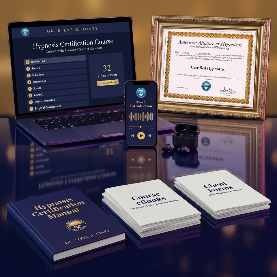 Hypnosis Certification Course — 32 video lessons, course manual, eBooks, client forms and AAH certificate