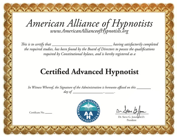 Certified Advanced Hypnotist sample certificate